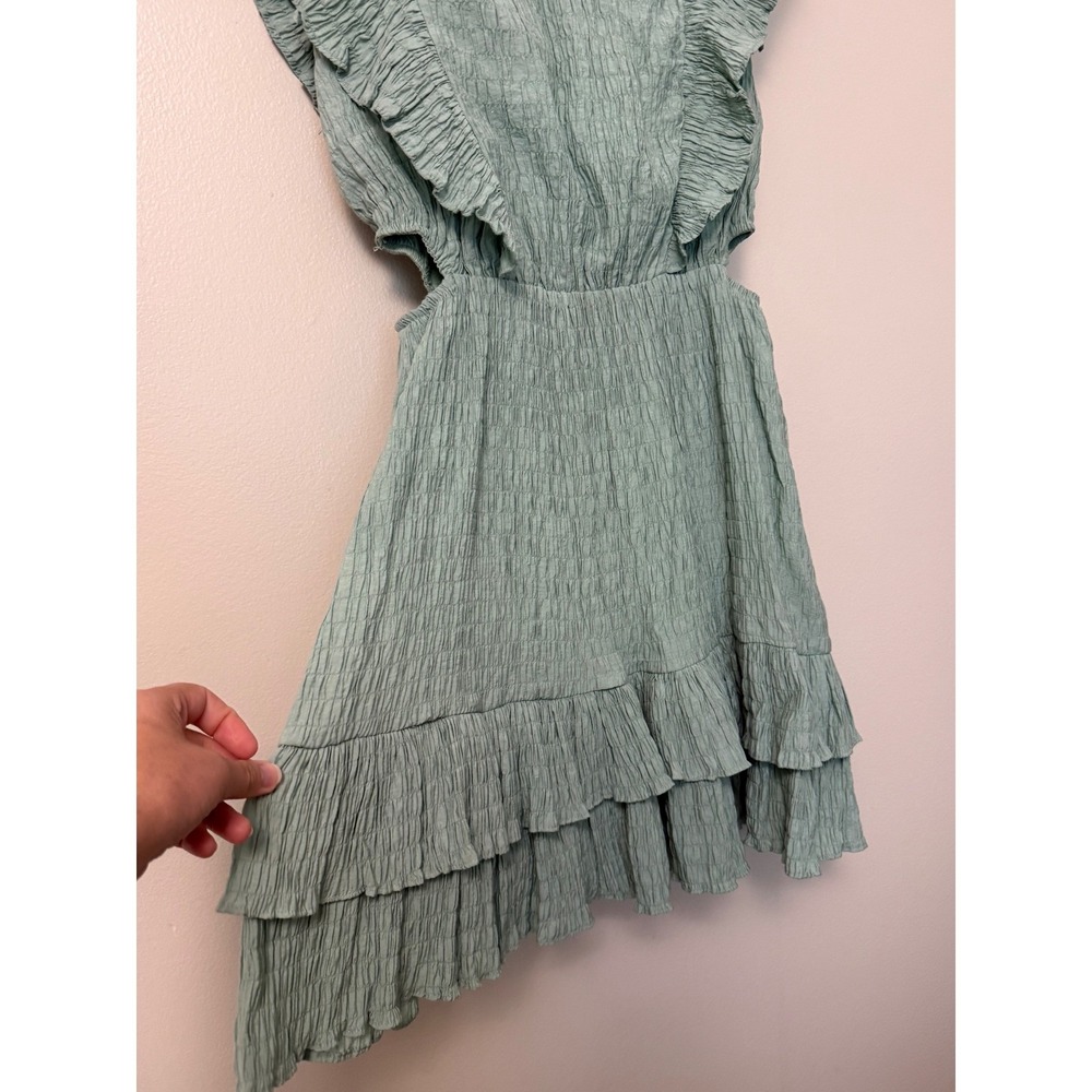 Vestique Sage Green Crinkle Ruffle Mini Dress Side Cut Out - Picture 3 of 10